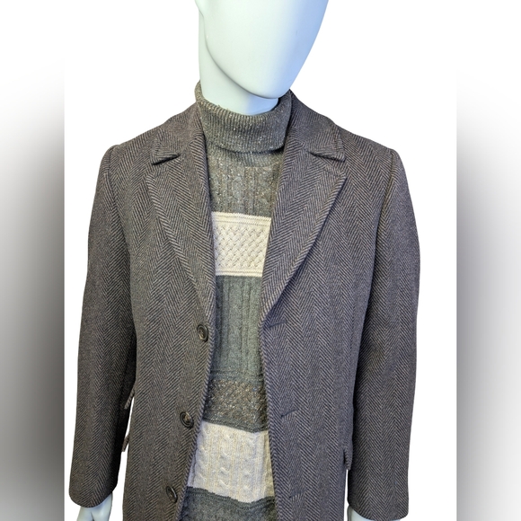 Wool Cashmere Herringbone Overcoat, Black & Brown, Weather Report, Size 38R / M - Picture 3 of 13